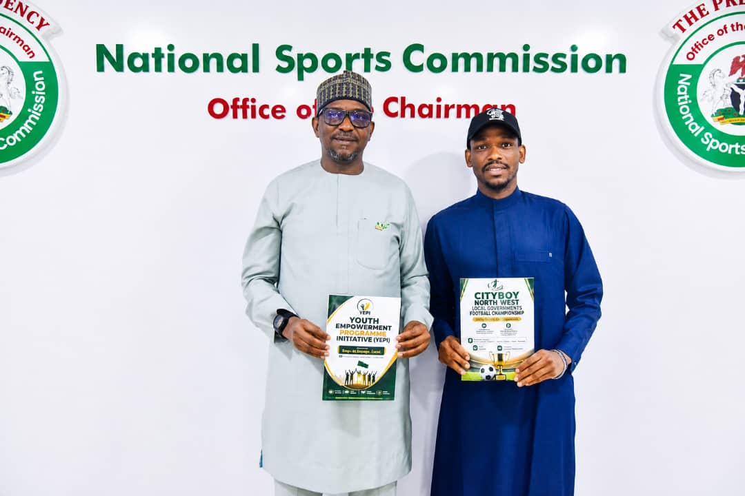 Hon. Abdullahi Shehu, Cityboy Youth Leader, with Alhaji Shehu Dikko at the National Sports Commission, Office of the Chairman