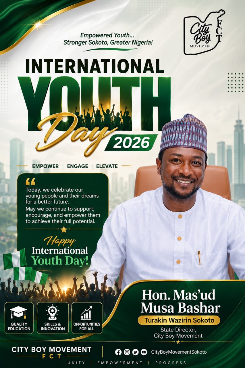 International Youth Day 2026 poster with Hon. Mas'ud Musa Bashar, State Director, City Boy Movement